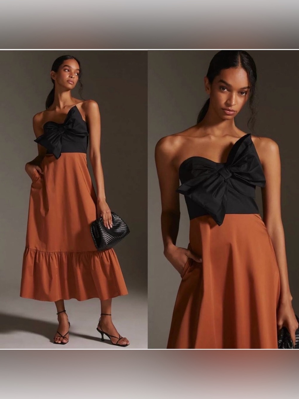 Anthropologie Black and Rust Strapless Bow Midi Dress